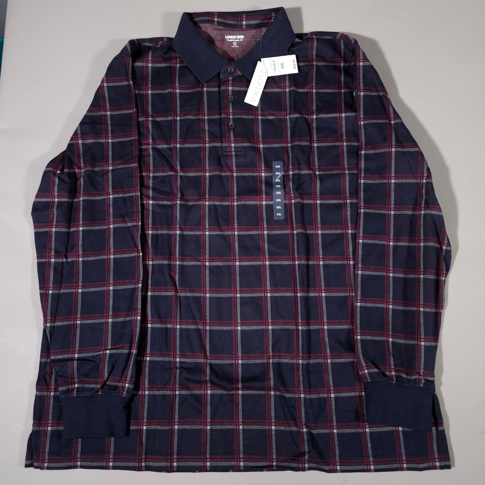 Lands' End Polo Shirt Mens XXL Navy Windowpane Supima Cotton Long Sleeve Plaid